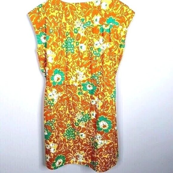 Vintage 1960s Orange Floral Print Sleeveless Dress With Belt Gathered Waist Wome - Picture 5 of 5
